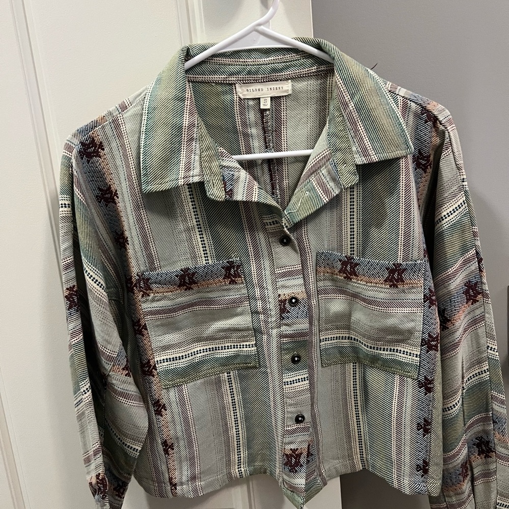 Gilded Intent Green and Brown Aztec Long Sleeve Button Up Cropped Top